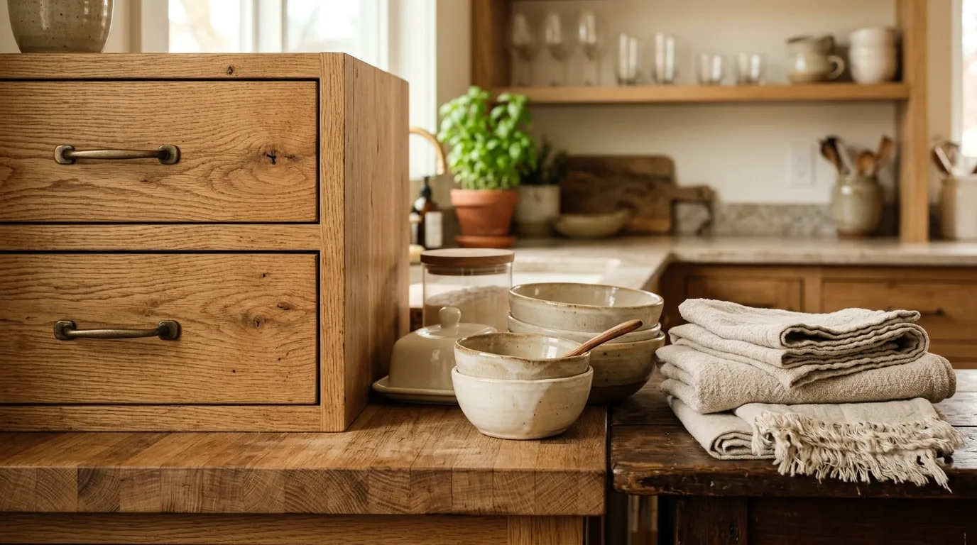 Balance modern lines with softer details inspiration for a warm white and white oak kitchen.